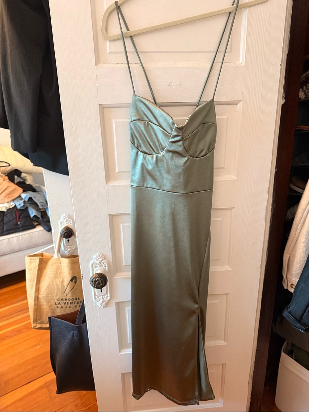 Artemisia Satin Slip Dress with Spaghetti Straps in Olive Green